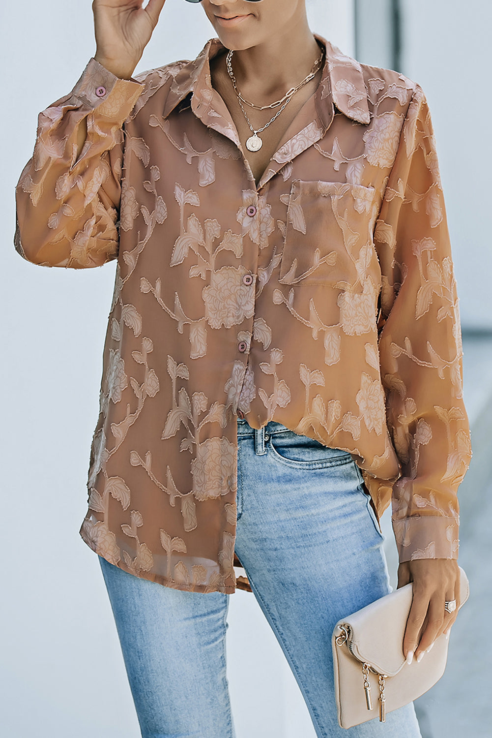Rosy Brown Textured Collared Neck Curved Hem Shirt
