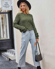 Gray Cable-Knit Round Neck Dropped Shoulder Sweater