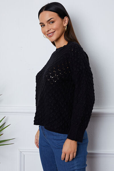 Black Openwork Round Neck Long Sleeve Sweater Sentient Beauty Fashions Apparel &amp; Accessories