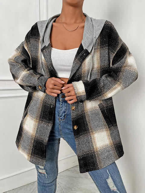 Gray Plaid Drawstring Hooded Jacket Sentient Beauty Fashions Apparel &amp; Accessories
