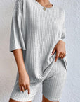 Gray Round Neck Ribbed Top and Shorts Lounge Set Sentient Beauty Fashions Apparel & Accessories
