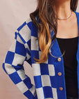 Tan Checkered Open Front Button Up Cardigan