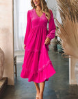 Dim Gray Frill V-Neck Balloon Sleeve Tiered Dress Sentient Beauty Fashions Apparel & Accessories