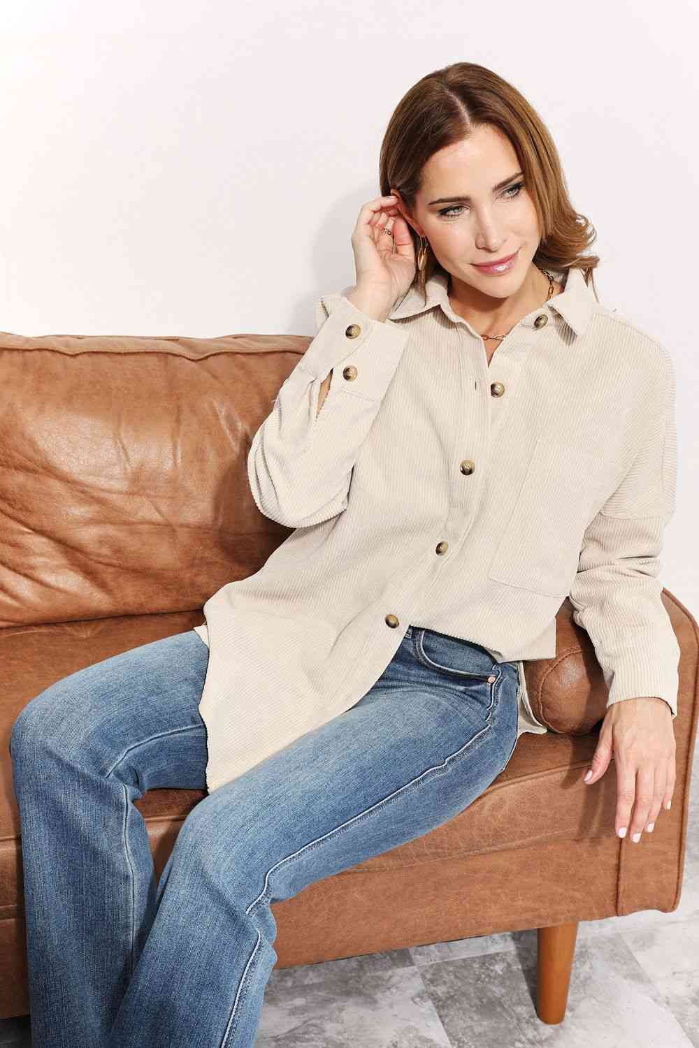 Light Gray HEYSON Full Size Oversized Corduroy  Button-Down Tunic Shirt with Bust Pocket Sentient Beauty Fashions Apparel &amp; Accessories