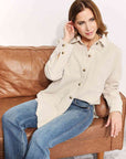Light Gray HEYSON Full Size Oversized Corduroy  Button-Down Tunic Shirt with Bust Pocket Sentient Beauty Fashions Apparel & Accessories