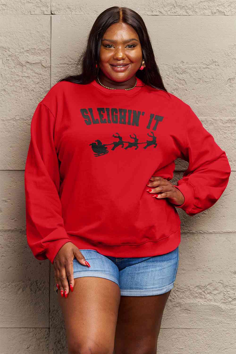 Brown Simply Love Full Size SLEIGHIN' IT Graphic Sweatshirt Sentient Beauty Fashions Apparel & Accessories