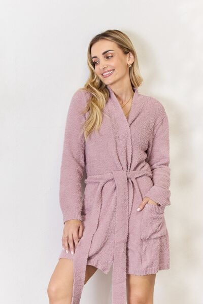 Light Gray Hailey &amp; Co Tie Front Long Sleeve Robe Sentient Beauty Fashions Apparel &amp; Accessories