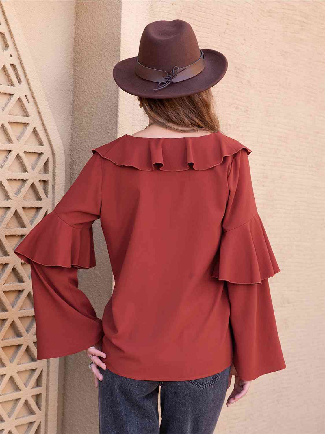 Tan Statement Collar Long Sleeve Blouse Sentient Beauty Fashions Apparel & Accessories
