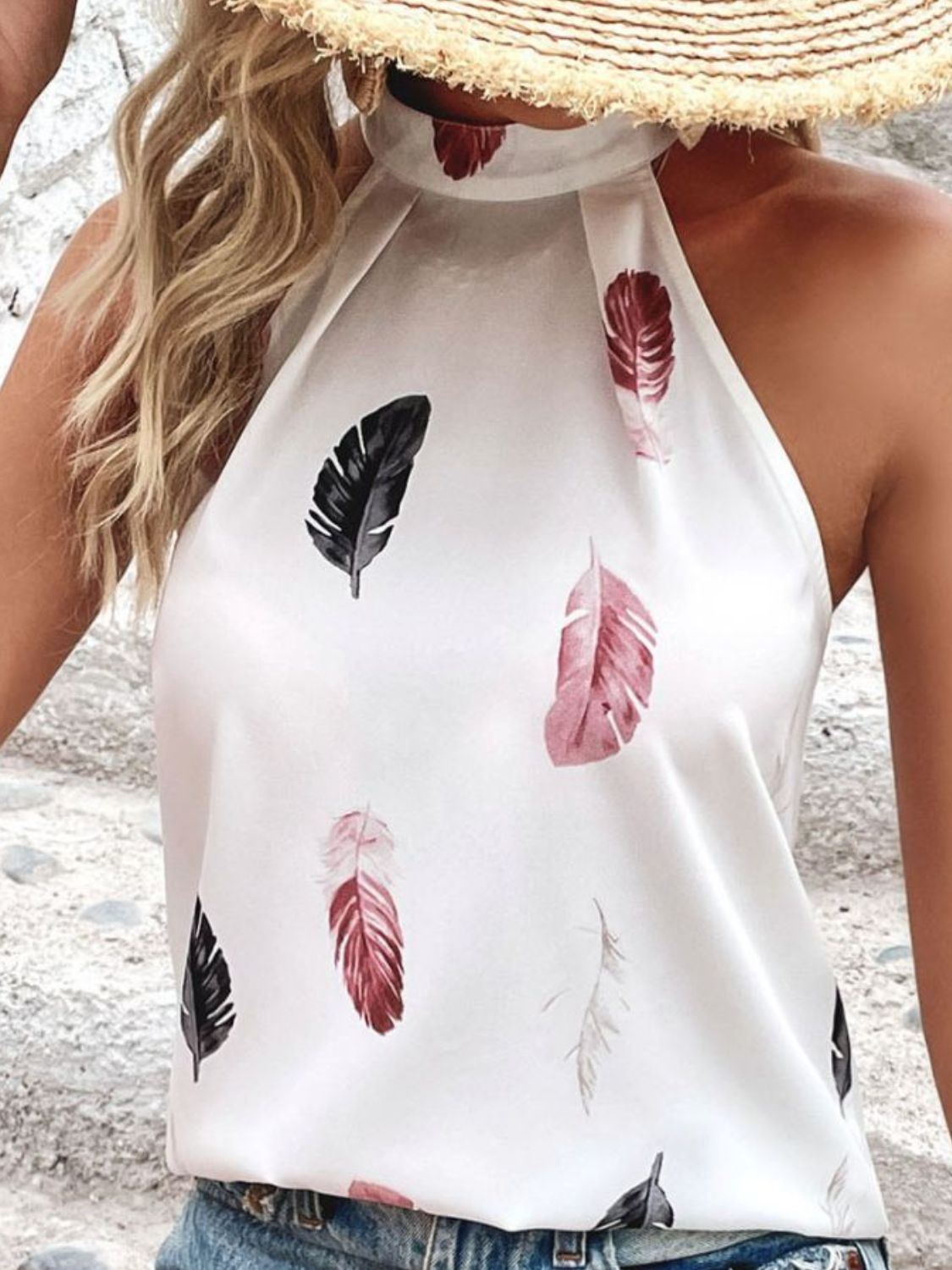 Light Gray Feather Print Grecian Neck Tank Sentient Beauty Fashions Apparel &amp; Accessories