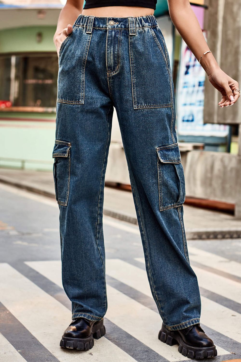 Gray Long Straight Leg Jeans with Pockets