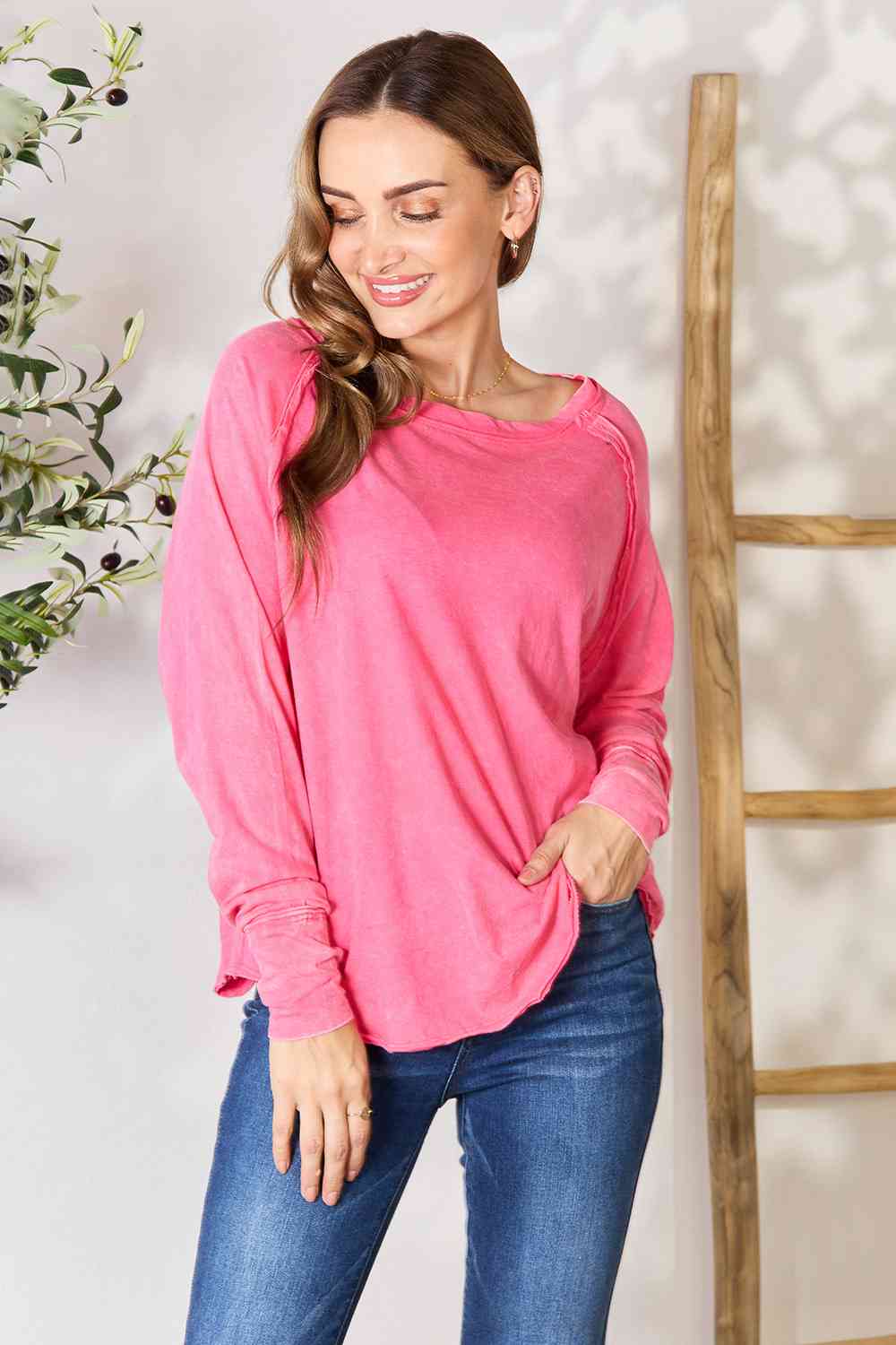 Thistle Zenana Round Neck Long Sleeve Top Sentient Beauty Fashions Apparel & Accessories
