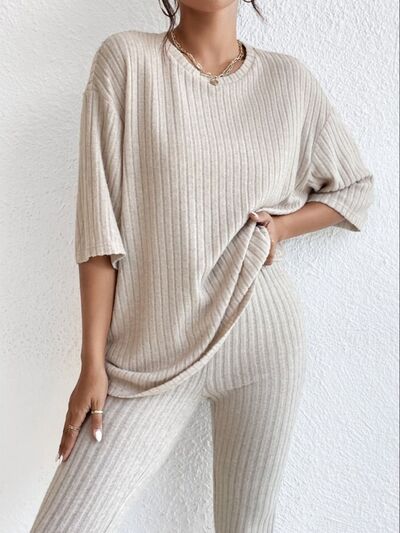 Light Gray Ribbed Round Neck T-Shirt and Pants Lounge Set Sentient Beauty Fashions Apparel & Accessories