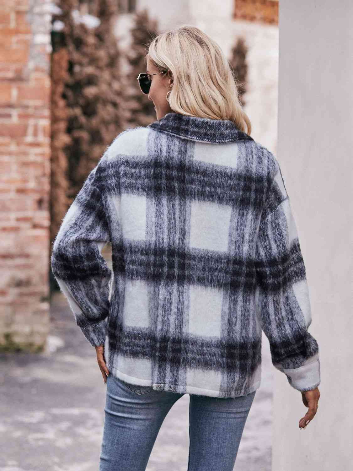 Gray Plaid Dropped Shoulder Collared Jacket Sentient Beauty Fashions Apparel &amp; Accessories