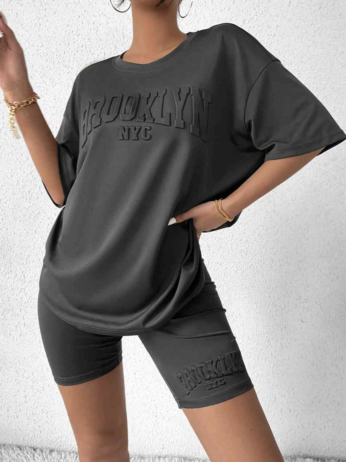 Dark Slate Gray BROOKLYN NYC Graphic Top and Shorts Set Sentient Beauty Fashions Apparel & Accessories
