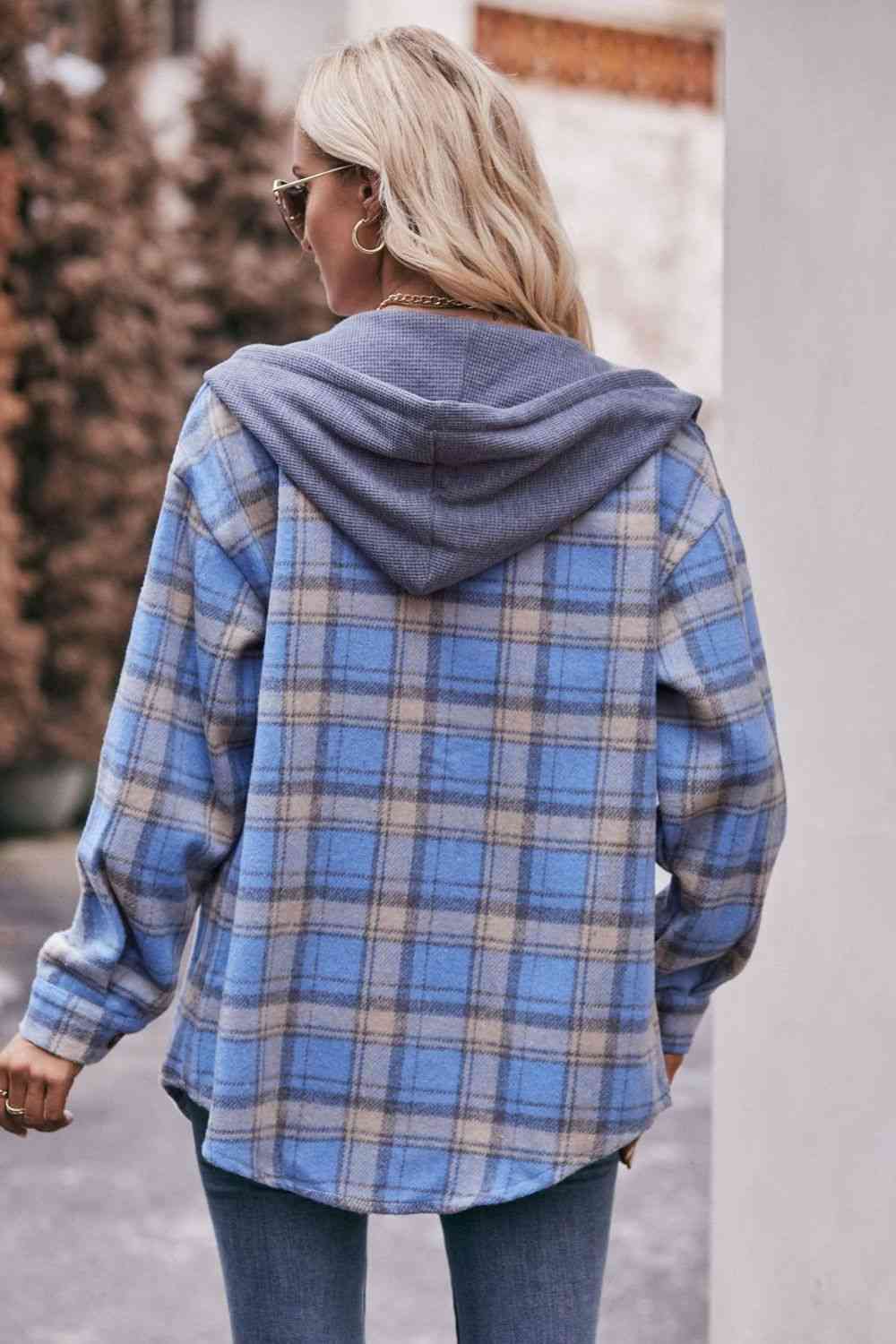 Dark Gray Plaid Dropped Shoulder Hooded Longline Jacket Sentient Beauty Fashions Apparel &amp; Accessories