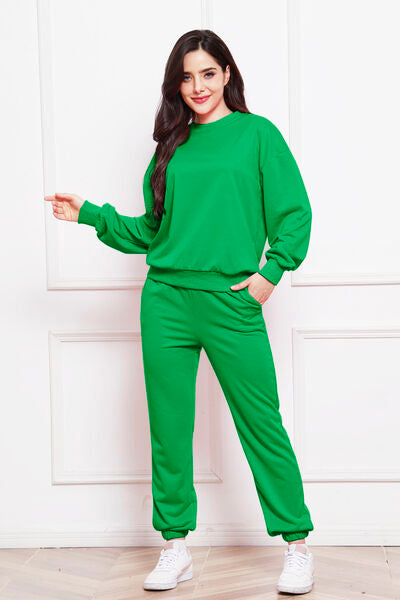 Sea Green Round Neck Long Sleeve Sweatshirt and Pants Set Sentient Beauty Fashions Apparel & Accessories
