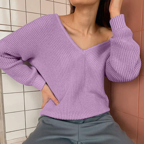 Rosy Brown V-Neck Dropped Shoulder Long Sleeve Sweater Sentient Beauty Fashions Apparel & Accessories
