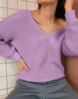 Rosy Brown V-Neck Dropped Shoulder Long Sleeve Sweater Sentient Beauty Fashions Apparel & Accessories