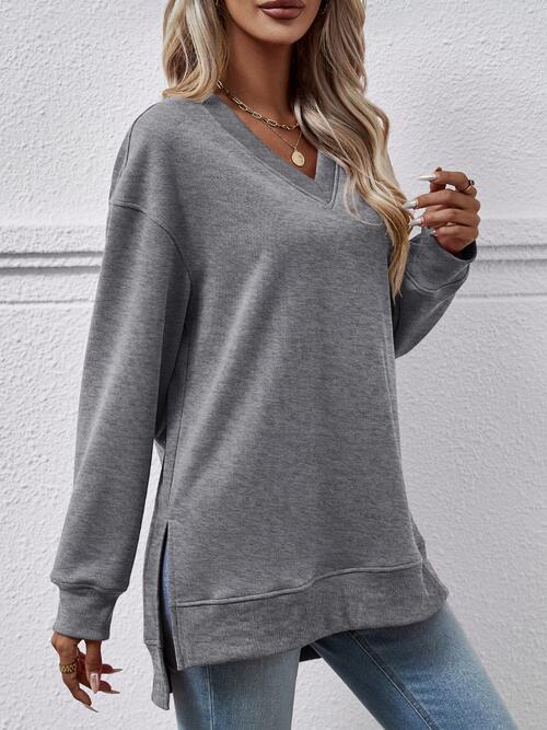 Gray V-Neck Slit Long Sleeve Sweatshirt