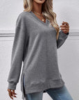 Gray V-Neck Slit Long Sleeve Sweatshirt Sentient Beauty Fashions Apparel & Accessories