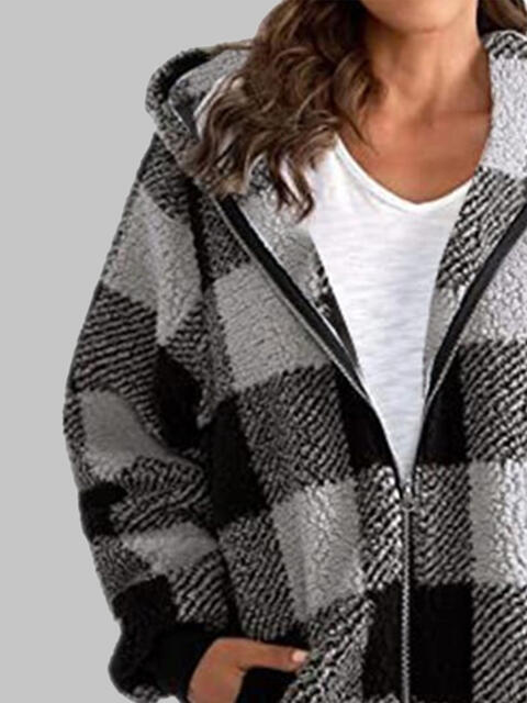 Dark Slate Gray Plaid Zip-Up Hooded Jacket with Pockets Sentient Beauty Fashions Apparel &amp; Accessories