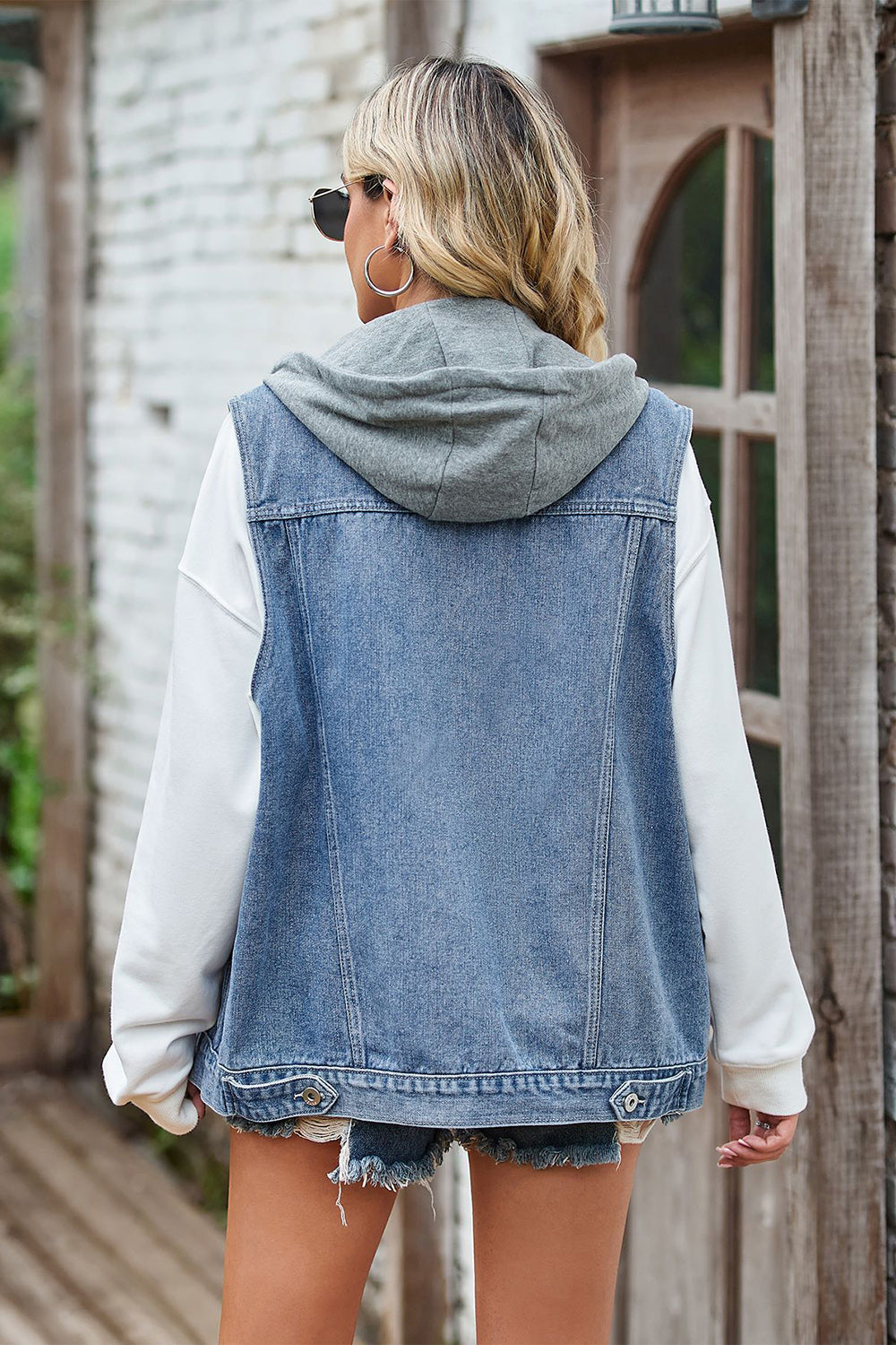 Light Slate Gray Sleeveless Hooded Denim Jacket with Pockets Sentient Beauty Fashions Apparel & Accessories