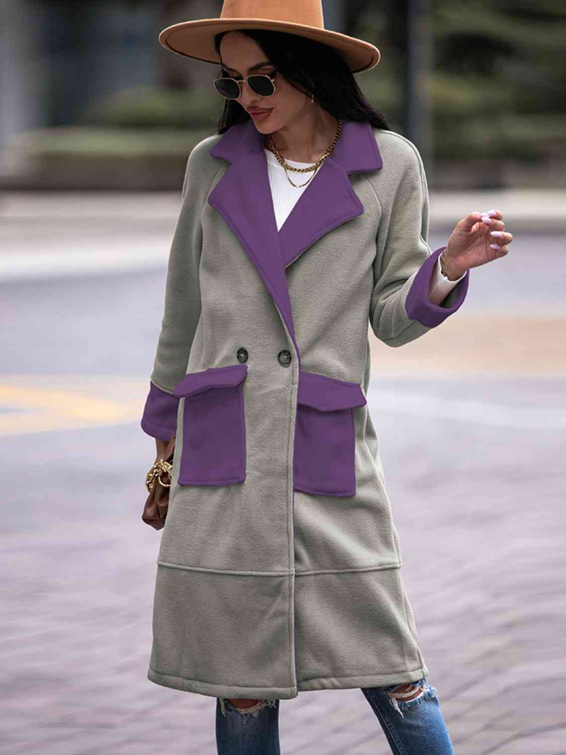 Gray Contrast Lapel Collar Coat with Pockets Sentient Beauty Fashions Apparel & Accessories
