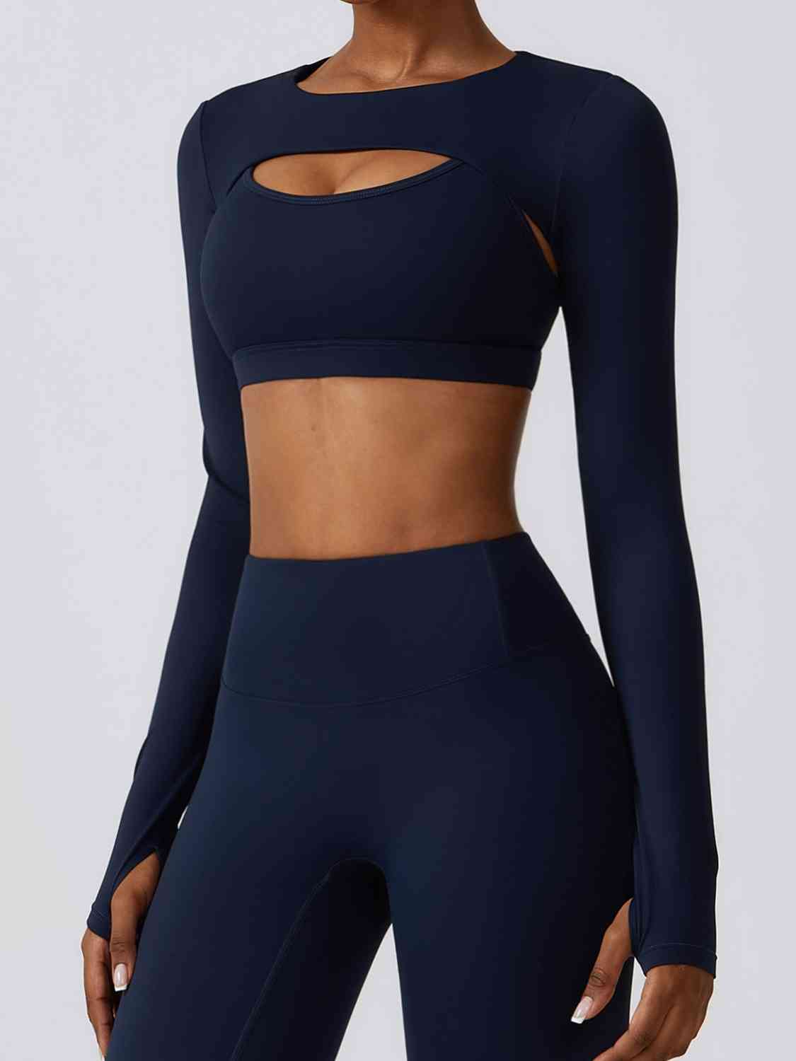 Black Cropped Cutout Long Sleeve Sports Top Sentient Beauty Fashions Apparel & Accessories