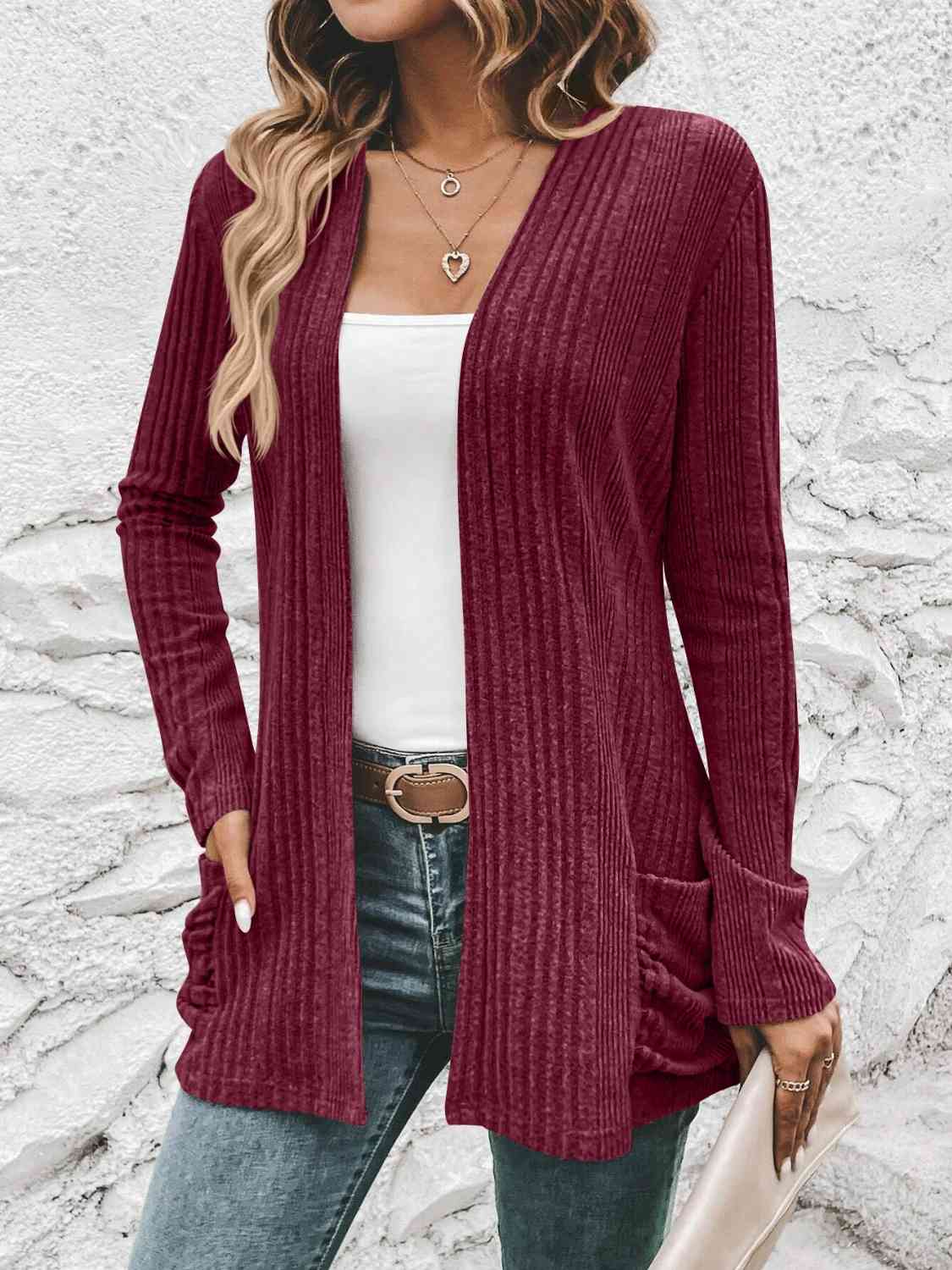 Light Gray Ribbed Open Front Cardigan with Pockets