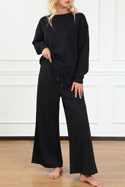 Black Double Take Full Size Textured Long Sleeve Top and Drawstring Pants Set Sentient Beauty Fashions Apparel &amp; Accessories