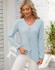 Gray Decorative Button Openwork V-Neck T-Shirt Sentient Beauty Fashions Apparel & Accessories