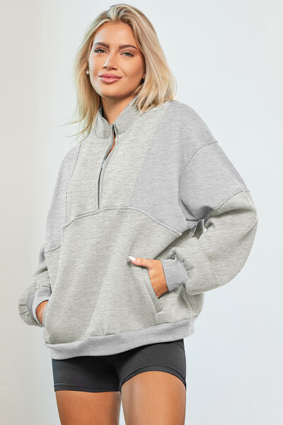 Light Gray Half Zip Dropped Shoulder Sweatshirt Sentient Beauty Fashions Apparel &amp; Accessories