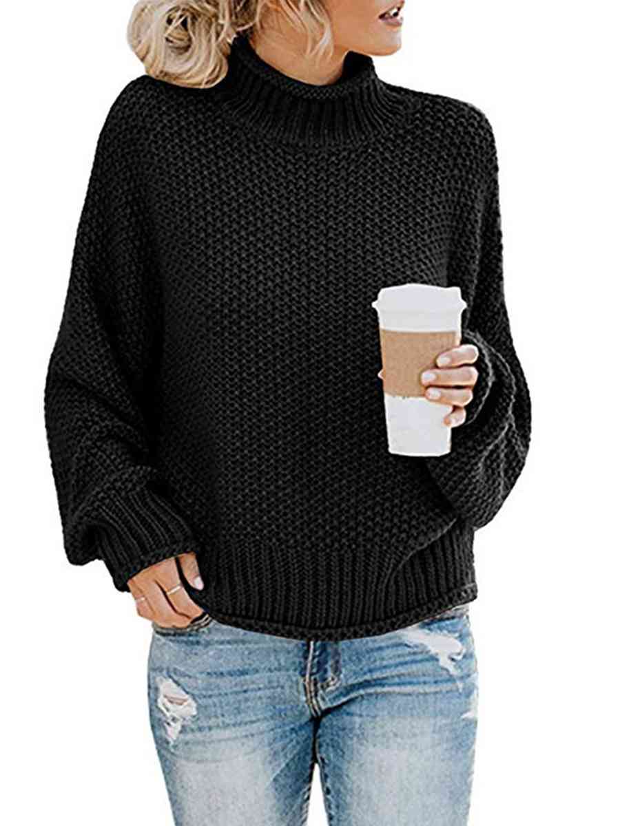 Gray Turtleneck Dropped Shoulder Sweater