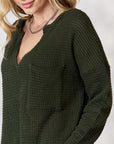 Gray BiBi Notched Popcorn Waffle Long Sleeve Top Sentient Beauty Fashions Apparel & Accessories