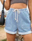 Rosy Brown Drawstring High Waist Denim Shorts with Pockets Sentient Beauty Fashions Apparel & Accessories