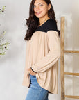 Light Gray BOMBOM Contrast Long Sleeve Ruched Blouse Sentient Beauty Fashions Apparel & Accessories