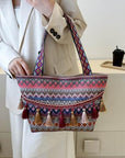 Gray Printed Tassel Detail Tote Bag