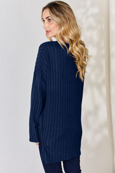 Midnight Blue Basic Bae Full Size Ribbed Half Button Long Sleeve High-Low T-Shirt Sentient Beauty Fashions Apparel &amp; Accessories