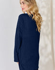 Midnight Blue Basic Bae Full Size Ribbed Half Button Long Sleeve High-Low T-Shirt Sentient Beauty Fashions Apparel & Accessories