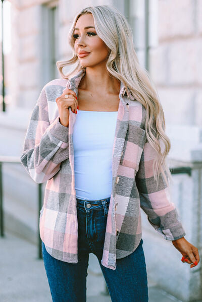 Gray Plaid Button Up Dropped Shoulder Jacket Sentient Beauty Fashions Apparel & Accessories