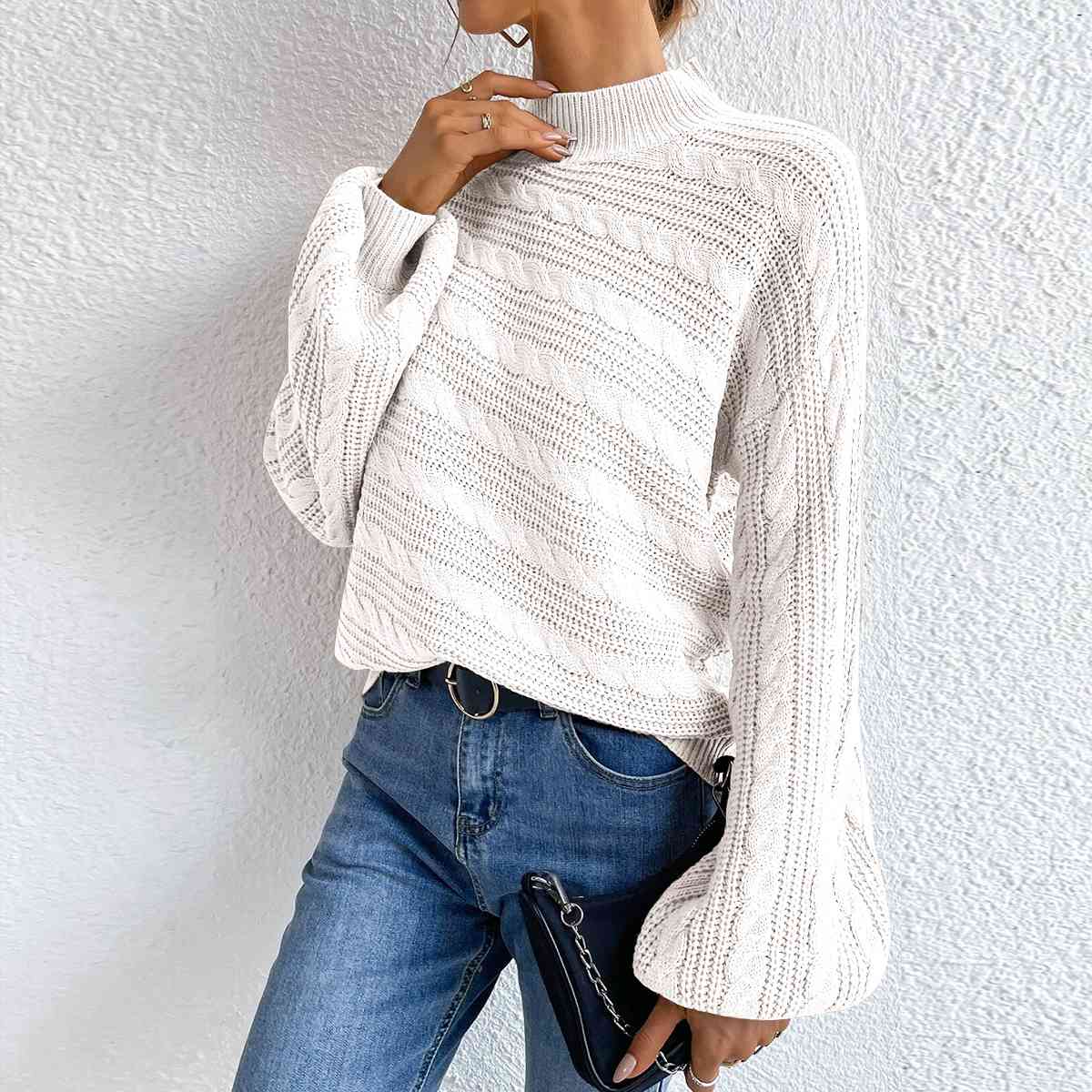 Light Gray Cable-Knit Mock Neck  Long Sleeve Sweater