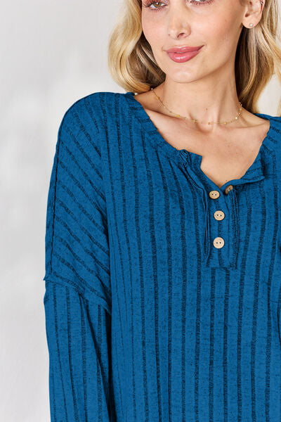 Midnight Blue Basic Bae Full Size Ribbed Half Button Long Sleeve T-Shirt Sentient Beauty Fashions Apparel &amp; Accessories