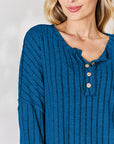 Midnight Blue Basic Bae Full Size Ribbed Half Button Long Sleeve T-Shirt Sentient Beauty Fashions Apparel & Accessories