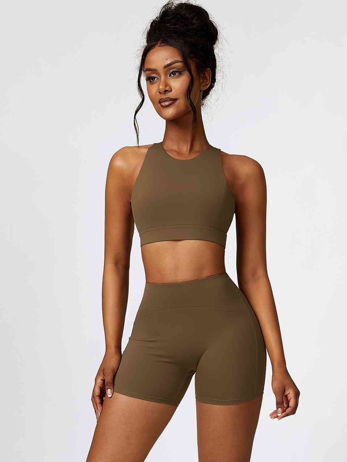 Dark Olive Green Cutout Cropped Sport Tank and Shorts Set Sentient Beauty Fashions Apparel &amp; Accessories