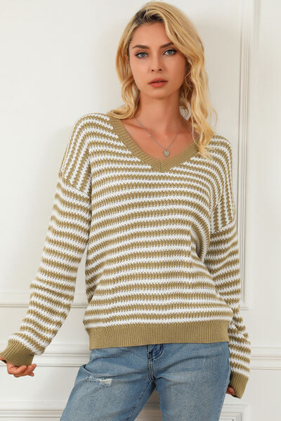 Light Gray Striped V-Neck Dropped Shoulder Sweater Sentient Beauty Fashions Apparel & Accessories