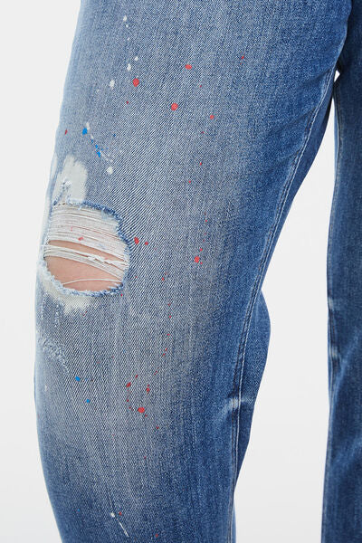 Dim Gray BAYEAS Full Size High Waist Distressed Paint Splatter Pattern Jeans Sentient Beauty Fashions Apparel &amp; Accessories