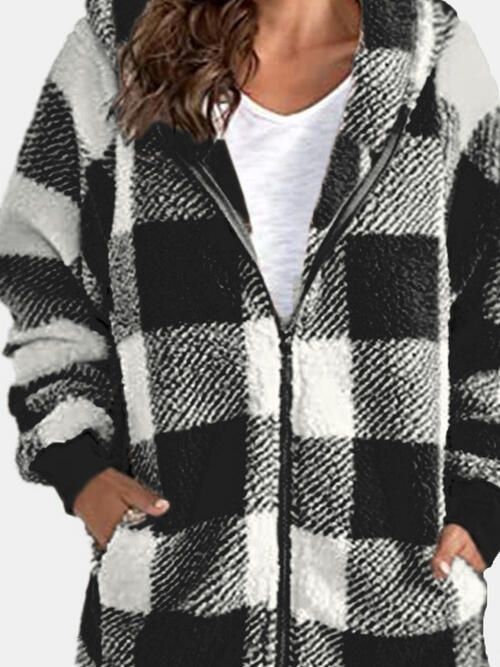 Light Gray Plaid Zip Up Hooded Jacket with Pockets Sentient Beauty Fashions Apparel &amp; Accessories