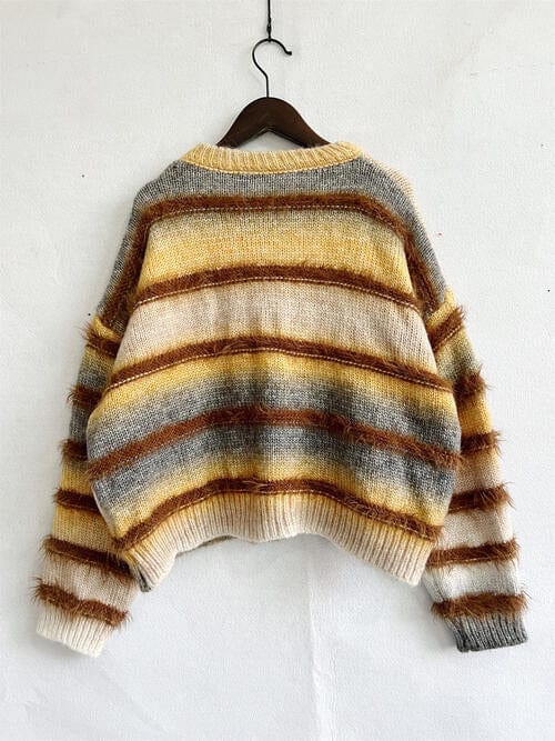 Light Gray Striped Round Neck Long Sleeve Sweater