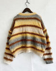 Light Gray Striped Round Neck Long Sleeve Sweater