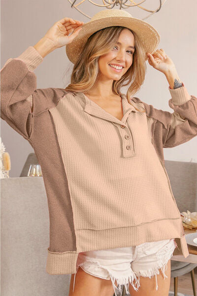 Tan BiBi Half Button Exposed Seam Contrast Waffle Top Sentient Beauty Fashions Apparel &amp; Accessories